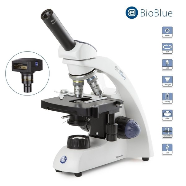 Euromex BioBlue 40X-1000X Monocular Portable Compound Microscope w/ 5MP USB 3 Digital Camera BB4220C-5M3